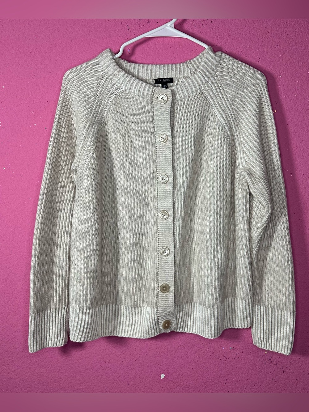 Talbots Ivory Cardigan Button Up Knit Long Sleeve 100% Cotton Size Medium Petite